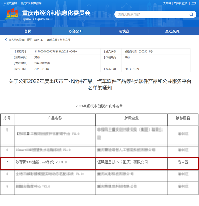喜讯 | 欧菲斯TMS运输SaaS系统入选"2023年重庆市首版次软件名单"!